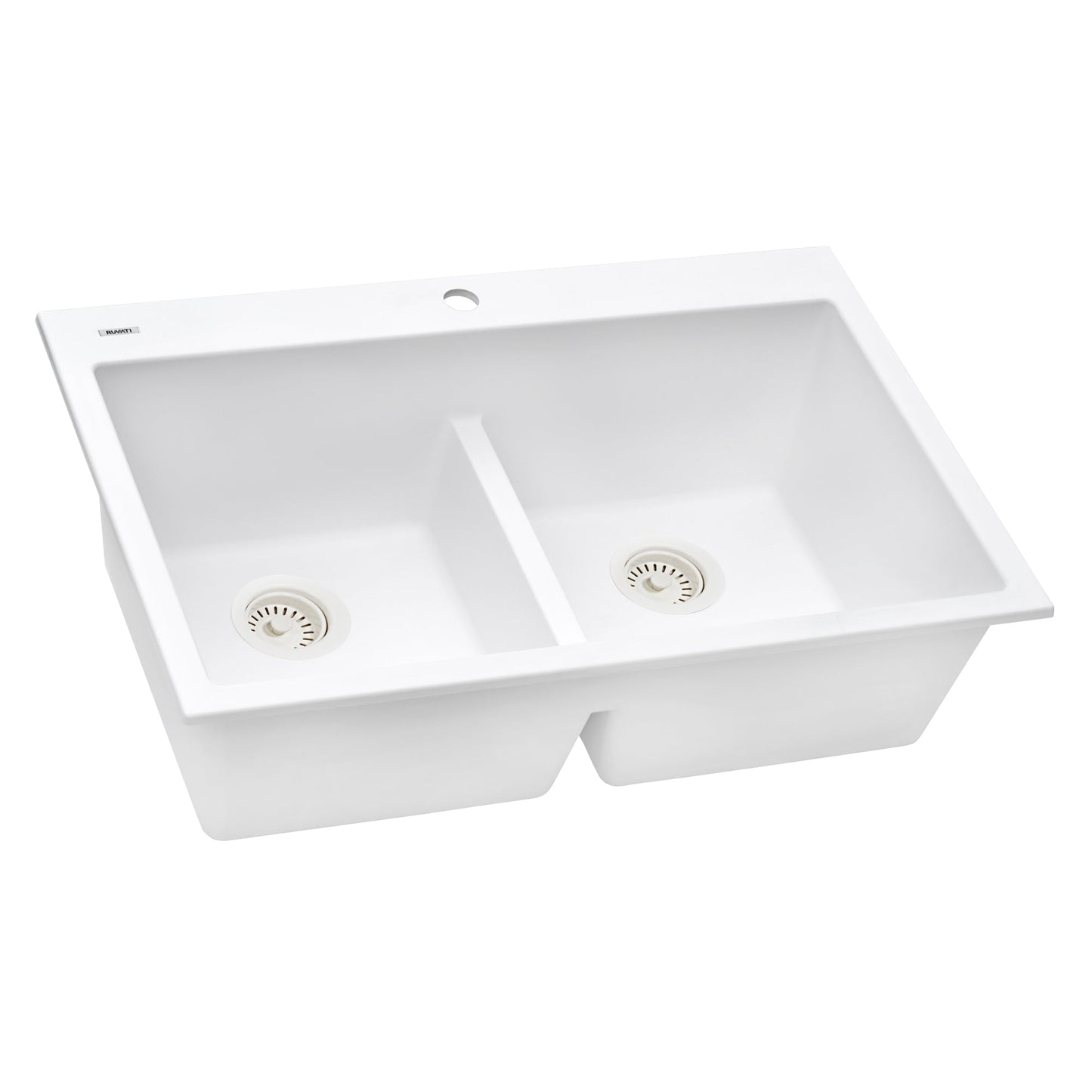 Ruvati epiGranite 33" x 22" Arctic White Drop-In Topmount Granite 50/50 Double Bowl Low Divide Kitchen Sink With Basket Strainer, Bottom Rinse Grid and Drain Assembly