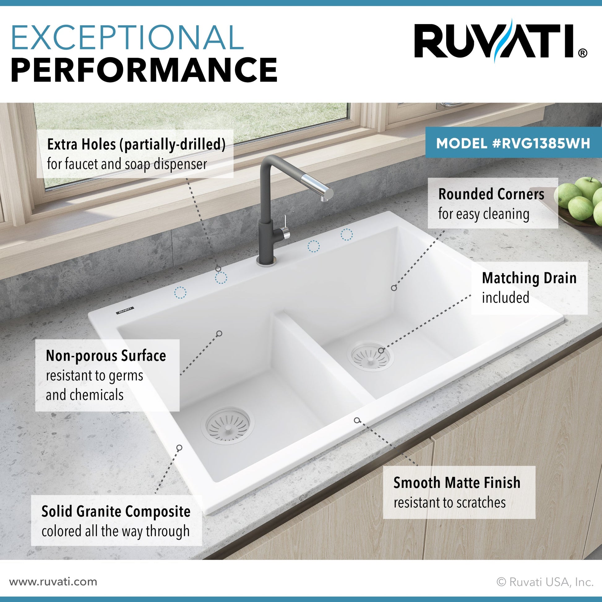 Ruvati epiGranite 33" x 22" Arctic White Drop-In Topmount Granite 50/50 Double Bowl Low Divide Kitchen Sink With Basket Strainer, Bottom Rinse Grid and Drain Assembly