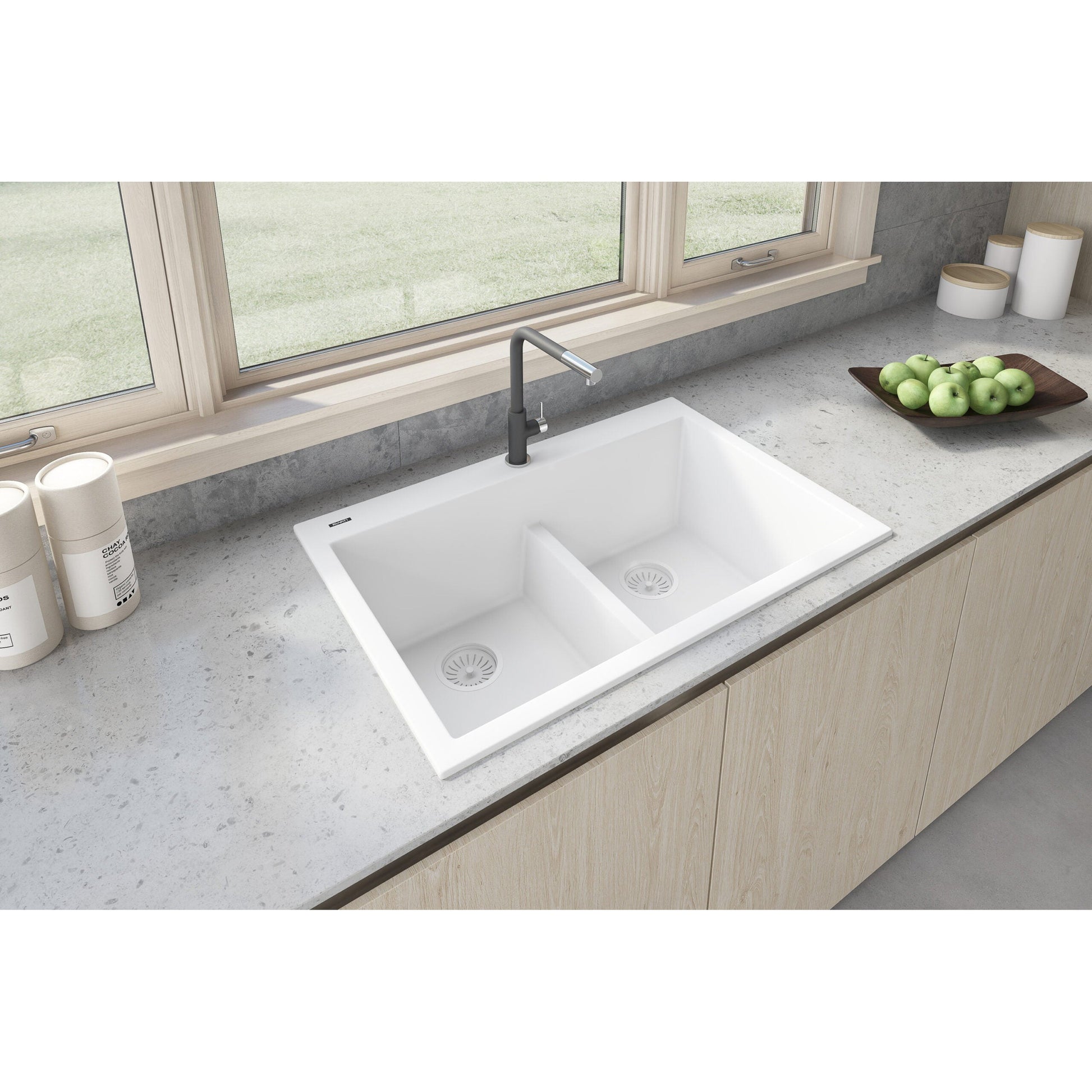 Ruvati epiGranite 33" x 22" Arctic White Drop-In Topmount Granite 50/50 Double Bowl Low Divide Kitchen Sink With Basket Strainer, Bottom Rinse Grid and Drain Assembly