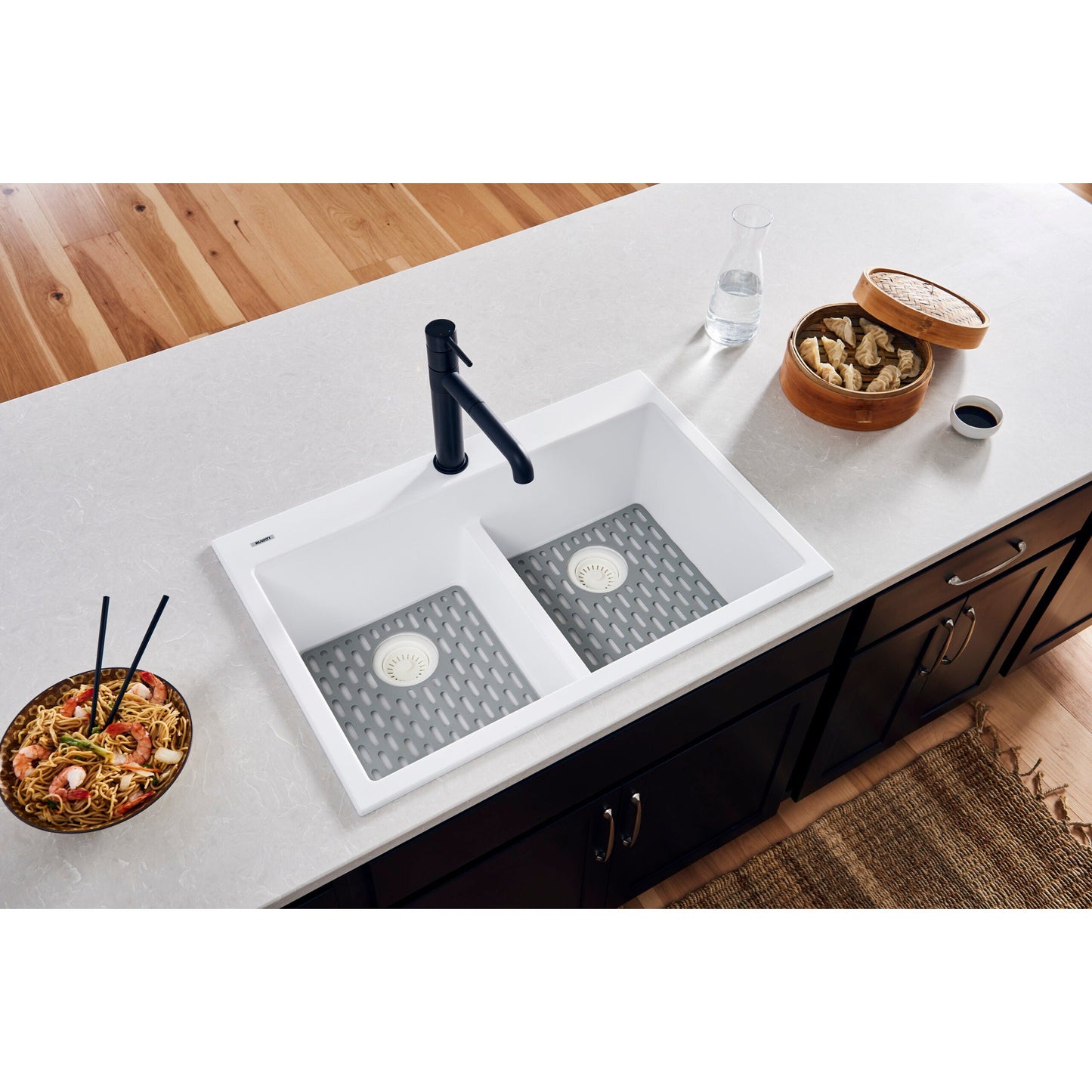 Ruvati epiGranite 33" x 22" Arctic White Drop-In Topmount Granite 50/50 Double Bowl Low Divide Kitchen Sink With Basket Strainer, Bottom Rinse Grid and Drain Assembly