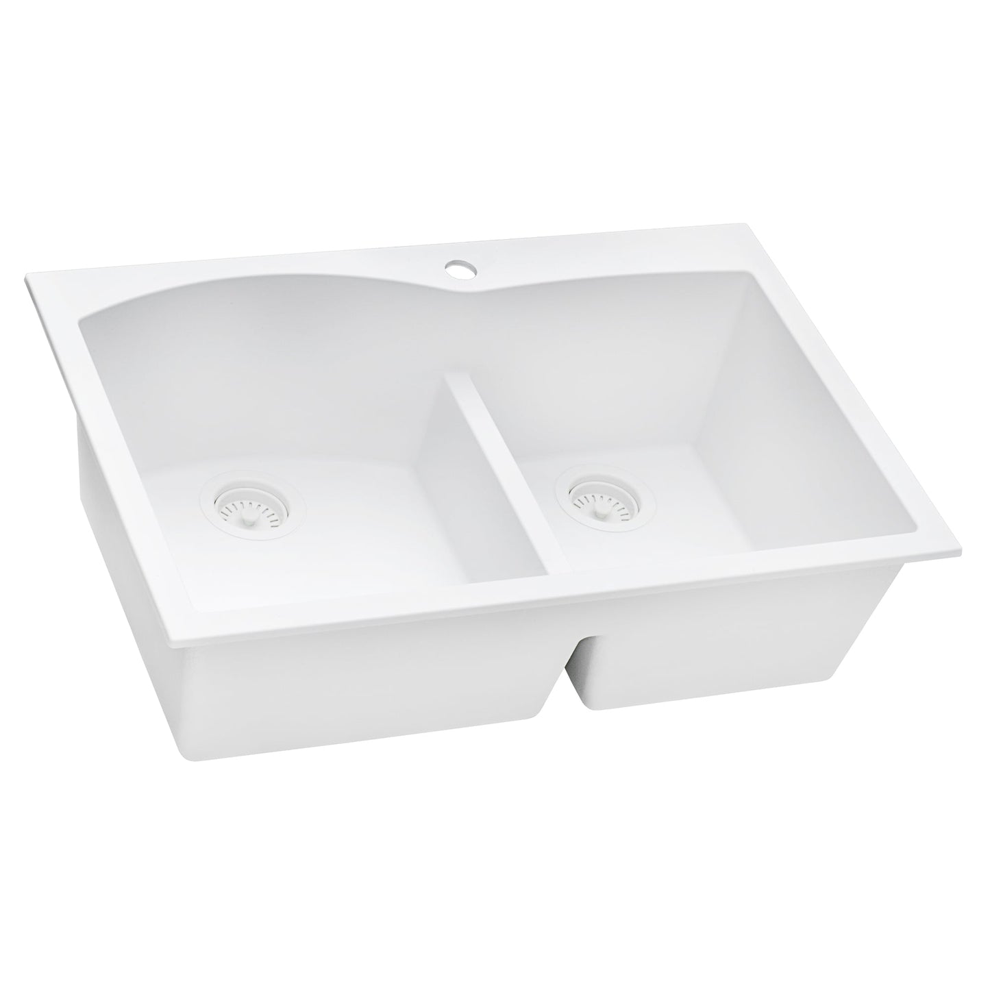 Ruvati epiGranite 33" x 22 Arctic White Drop-In Topmount Granite 60/40 Double Bowl Kitchen Sink With Basket Strainer and Drain Assembly