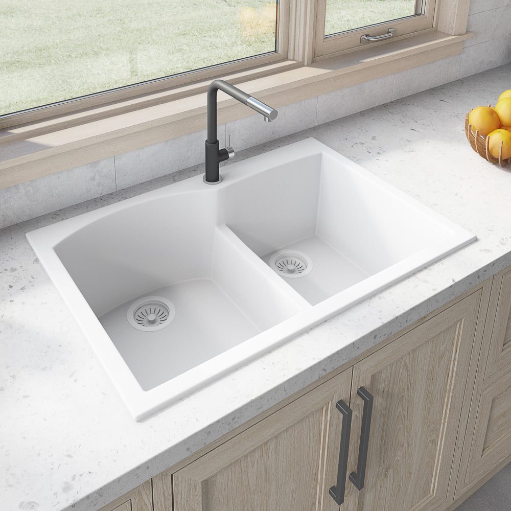 Ruvati epiGranite 33" x 22 Arctic White Drop-In Topmount Granite 60/40 Double Bowl Kitchen Sink With Basket Strainer and Drain Assembly