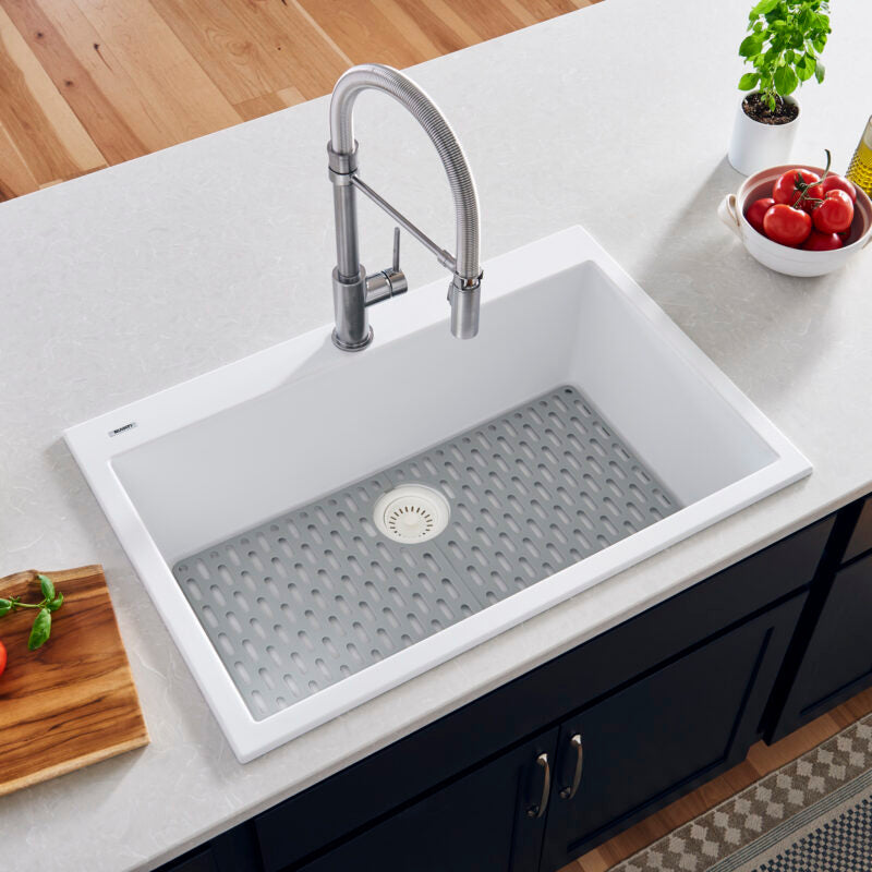 Ruvati epiGranite 33" x 22” Arctic White Drop-in Granite Composite Single Bowl Kitchen Sink With Basket Strainer, Bottom Rinse Grid and Drain Assembly