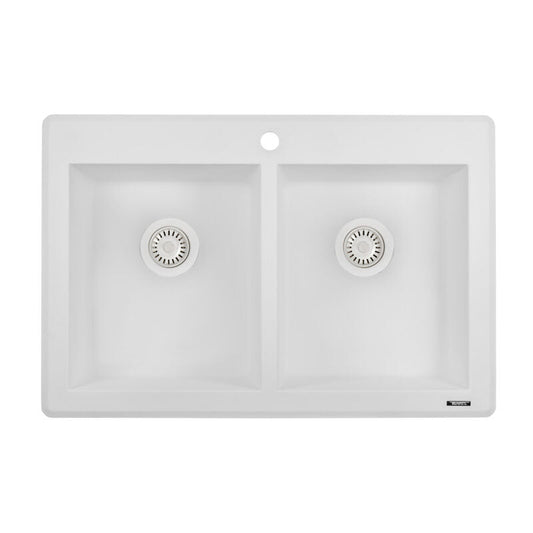 Ruvati epiGranite 33" x 22" Arctic White Dual-Mount Granite 50/50 Double Bowl Kitchen Sink With Basket Strainer and Drain Assembly