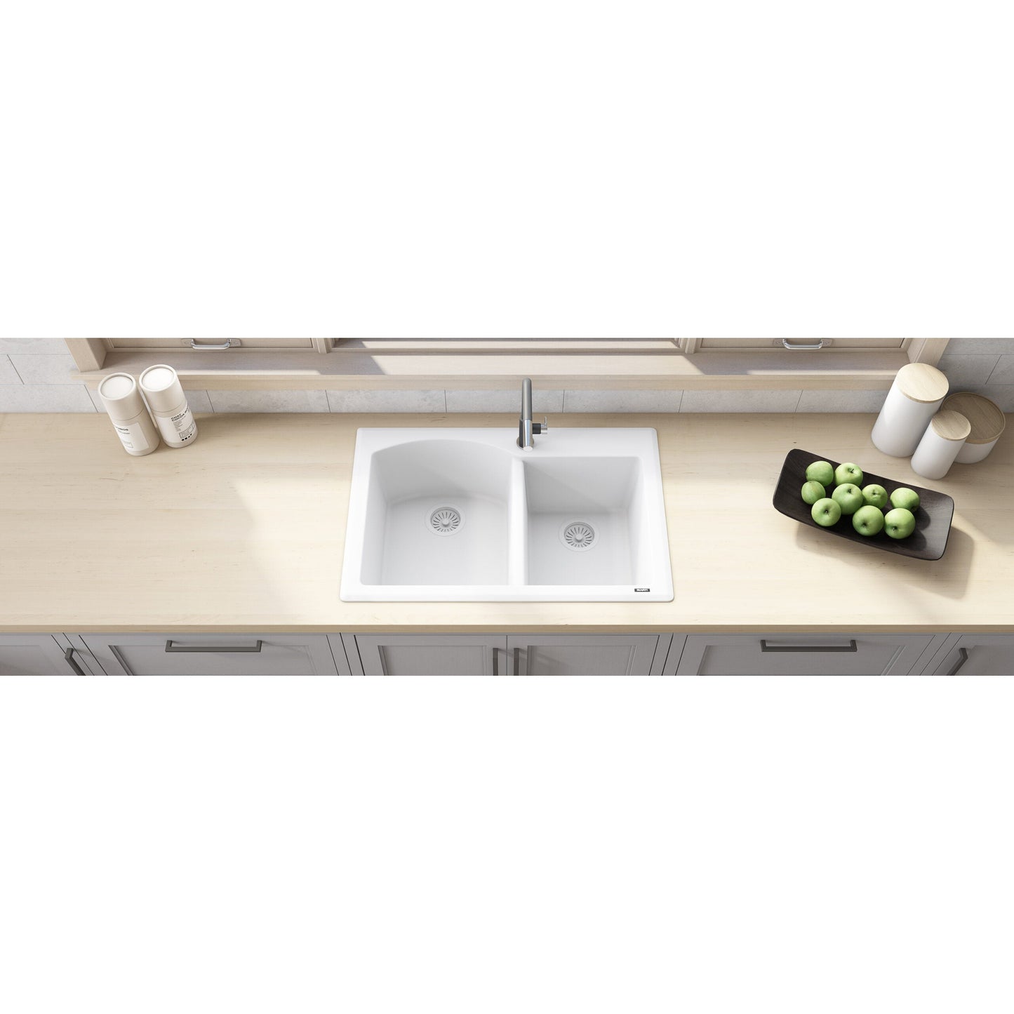 Ruvati epiGranite 33" x 22" Arctic White Dual-Mount Granite 60/40 Double Bowl Kitchen Sink With Basket Strainer and Drain Assembly