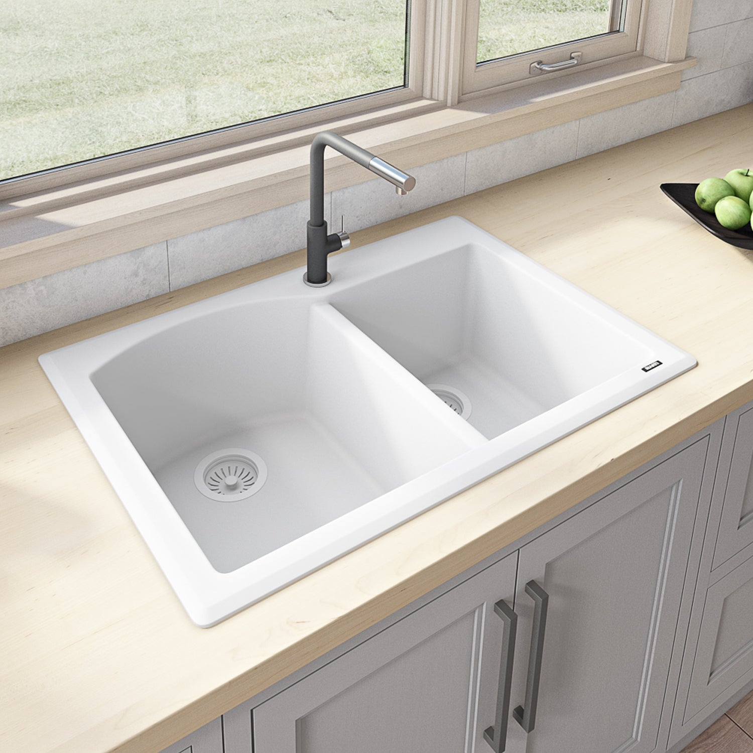 Ruvati epiGranite 33" x 22" Arctic White Dual-Mount Granite 60/40 Double Bowl Kitchen Sink With Basket Strainer and Drain Assembly