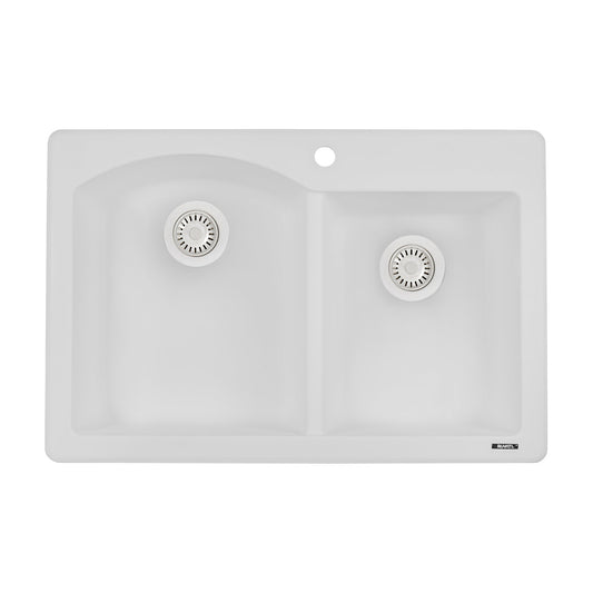 Ruvati epiGranite 33" x 22" Arctic White Dual-Mount Granite 60/40 Double Bowl Kitchen Sink With Basket Strainer and Drain Assembly