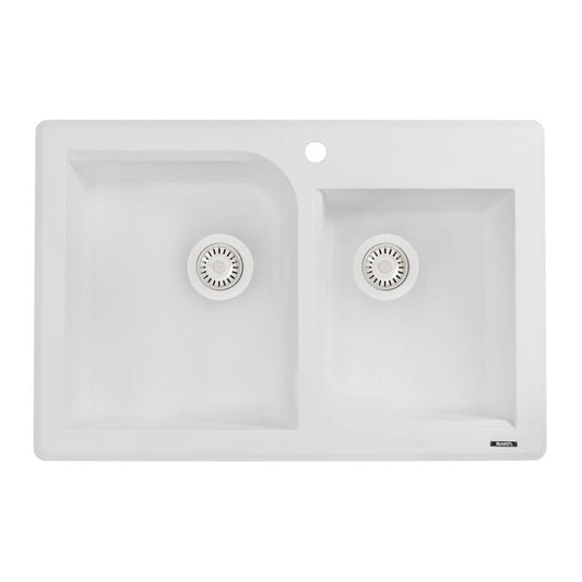 Ruvati epiGranite 33" x 22" Arctic White Dual-Mount Granite 70/30 Double Bowl Kitchen Sink With Basket Strainer and Drain Assembly