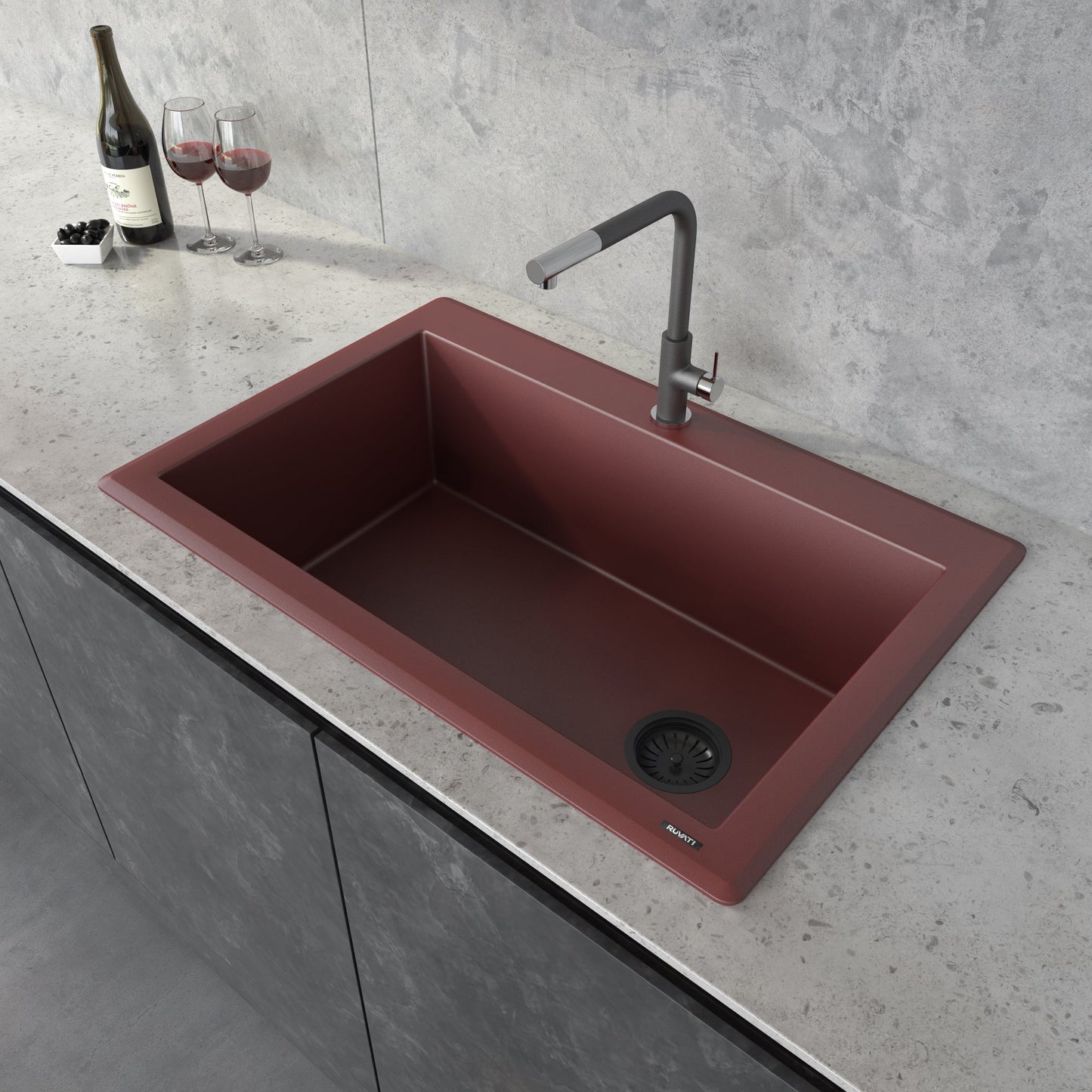 Ruvati epiGranite 33” x 22” Carnelia Red Drop-in Granite Composite Single Bowl Kitchen Sink With Basket Strainer and Drain Assembly