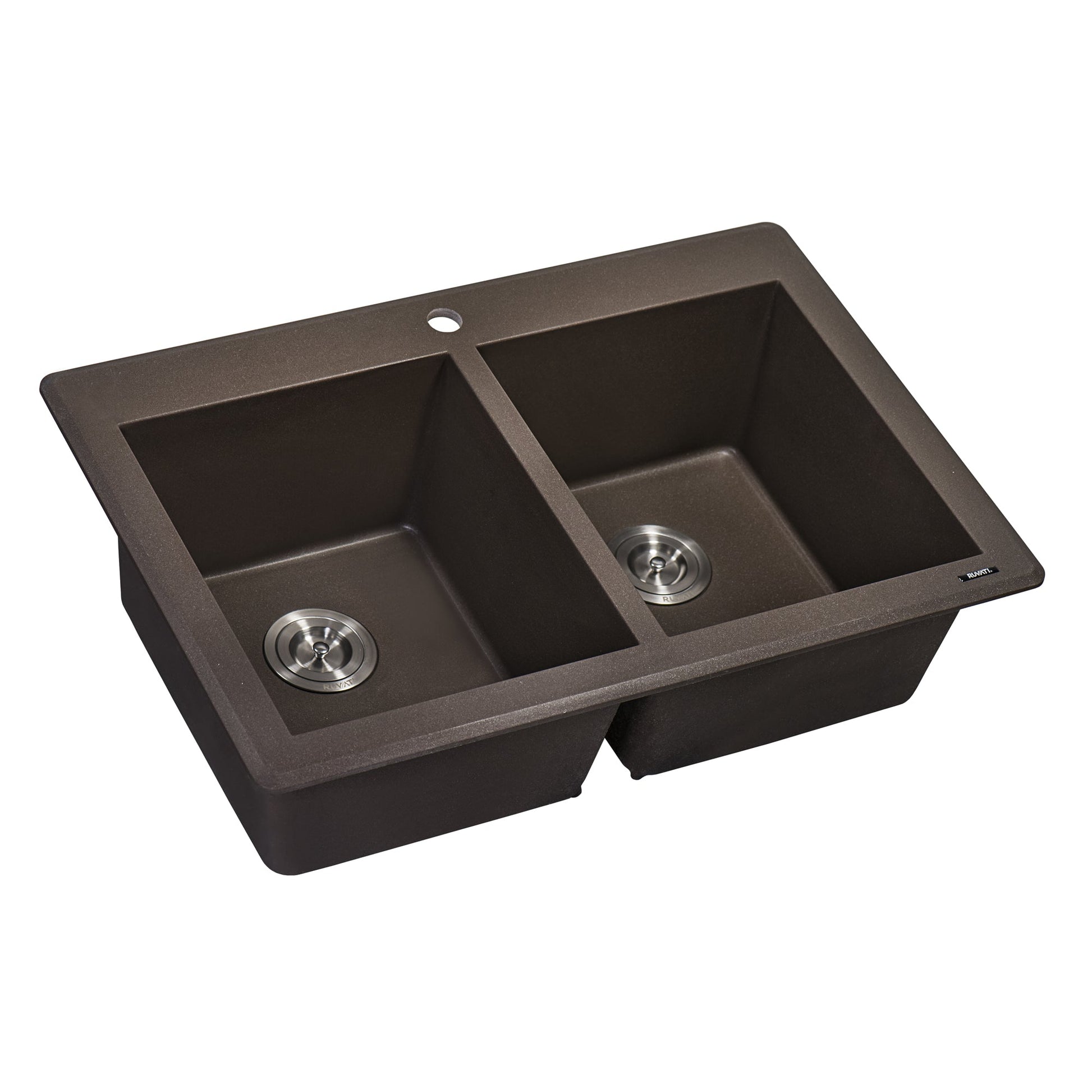 Ruvati epiGranite 33" x 22" Espresso Brown Dual-Mount Granite 50/50 Double Bowl Kitchen Sink With Basket Strainer and Drain Assembly