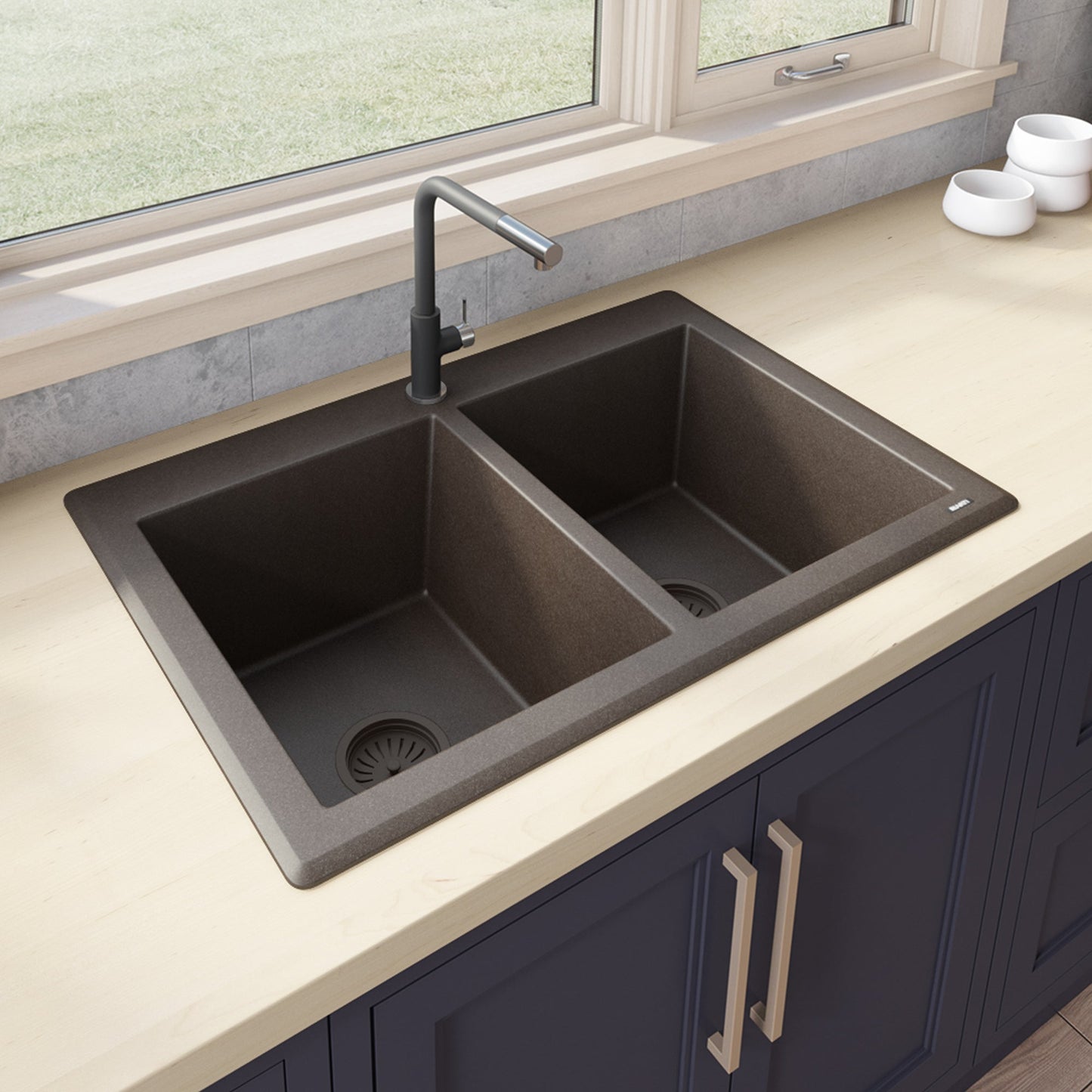 Ruvati epiGranite 33" x 22" Espresso Brown Dual-Mount Granite 50/50 Double Bowl Kitchen Sink With Basket Strainer and Drain Assembly