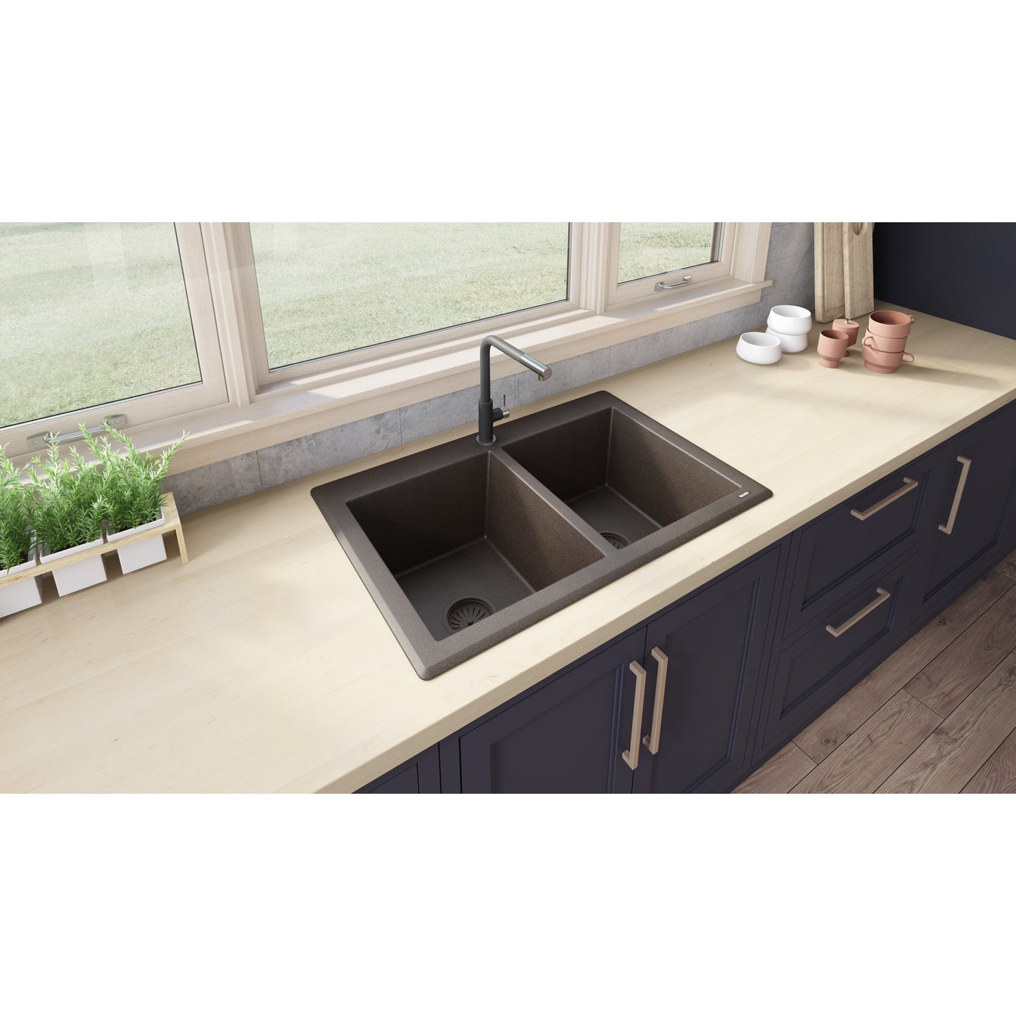 Ruvati epiGranite 33" x 22" Espresso Brown Dual-Mount Granite 50/50 Double Bowl Kitchen Sink With Basket Strainer and Drain Assembly