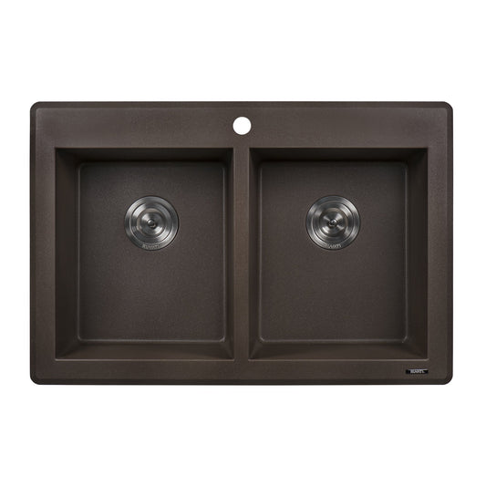 Ruvati epiGranite 33" x 22" Espresso Brown Dual-Mount Granite 50/50 Double Bowl Kitchen Sink With Basket Strainer and Drain Assembly