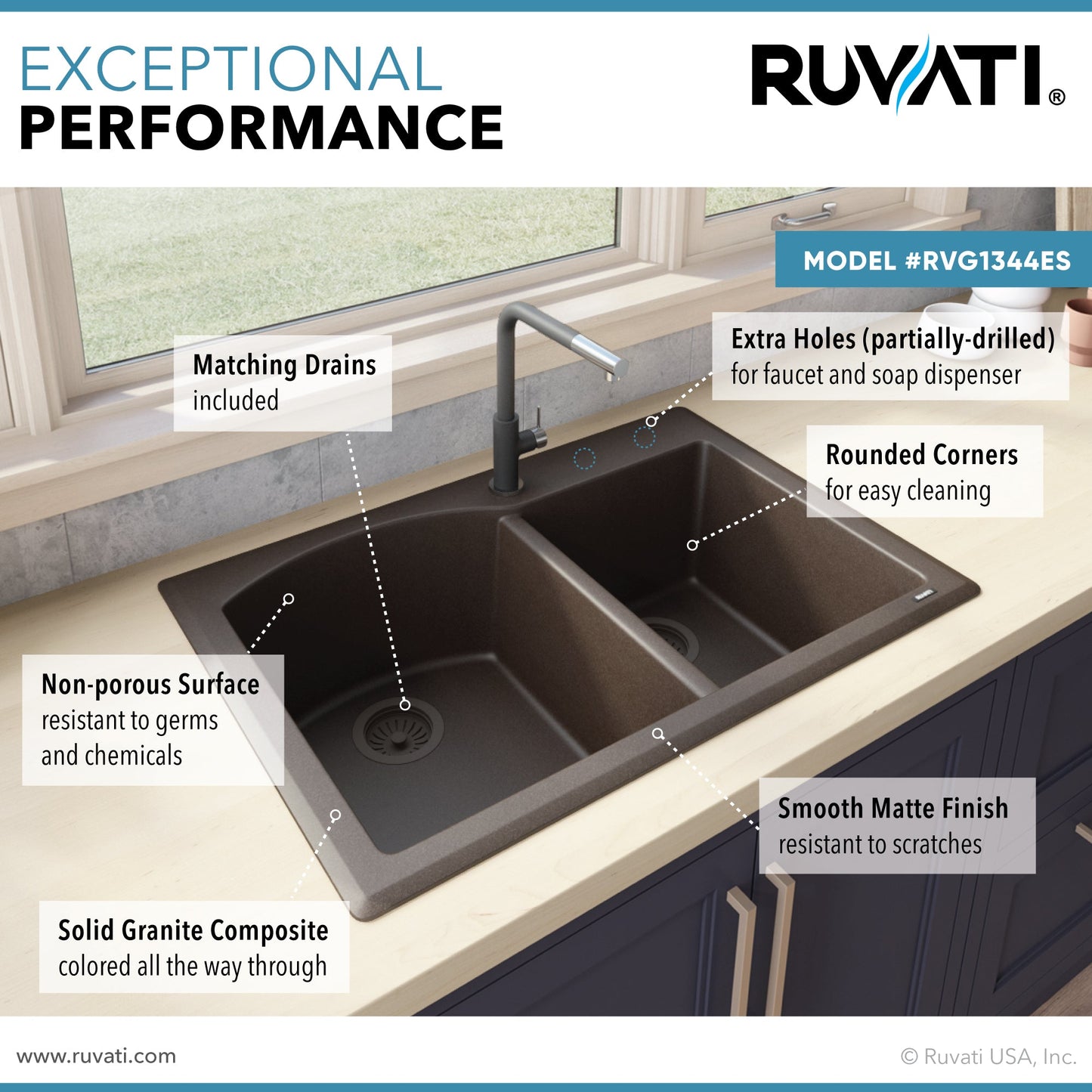 Ruvati epiGranite 33" x 22" Espresso Brown Dual-Mount Granite 60/40 Double Bowl Kitchen Sink With Basket Strainer and Drain Assembly