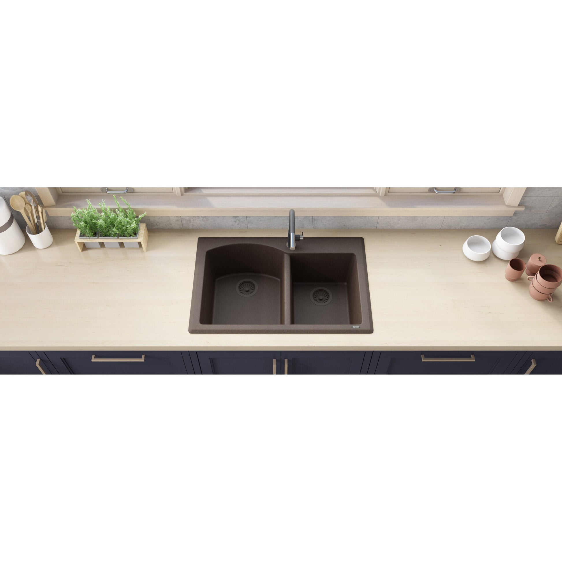 Ruvati epiGranite 33" x 22" Espresso Brown Dual-Mount Granite 60/40 Double Bowl Kitchen Sink With Basket Strainer and Drain Assembly