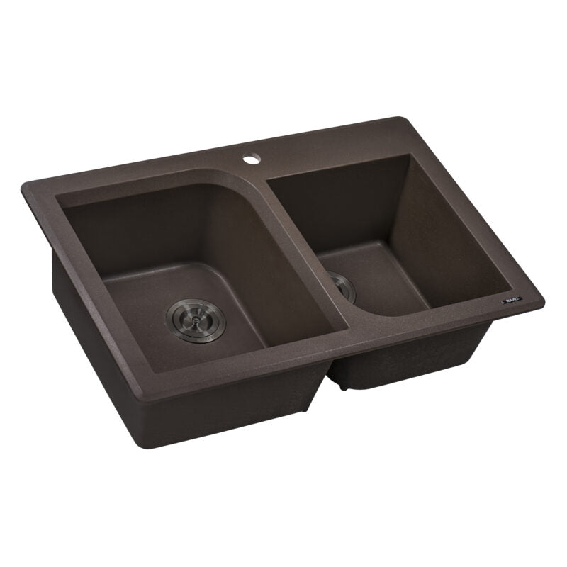 Ruvati epiGranite 33" x 22" Espresso Brown Dual-Mount Granite 70/30 Double Bowl Kitchen Sink With Basket Strainer and Drain Assembly