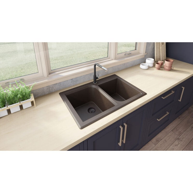 Ruvati epiGranite 33" x 22" Espresso Brown Dual-Mount Granite 70/30 Double Bowl Kitchen Sink With Basket Strainer and Drain Assembly