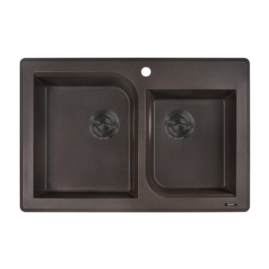Ruvati epiGranite 33" x 22" Espresso Brown Dual-Mount Granite 70/30 Double Bowl Kitchen Sink With Basket Strainer and Drain Assembly