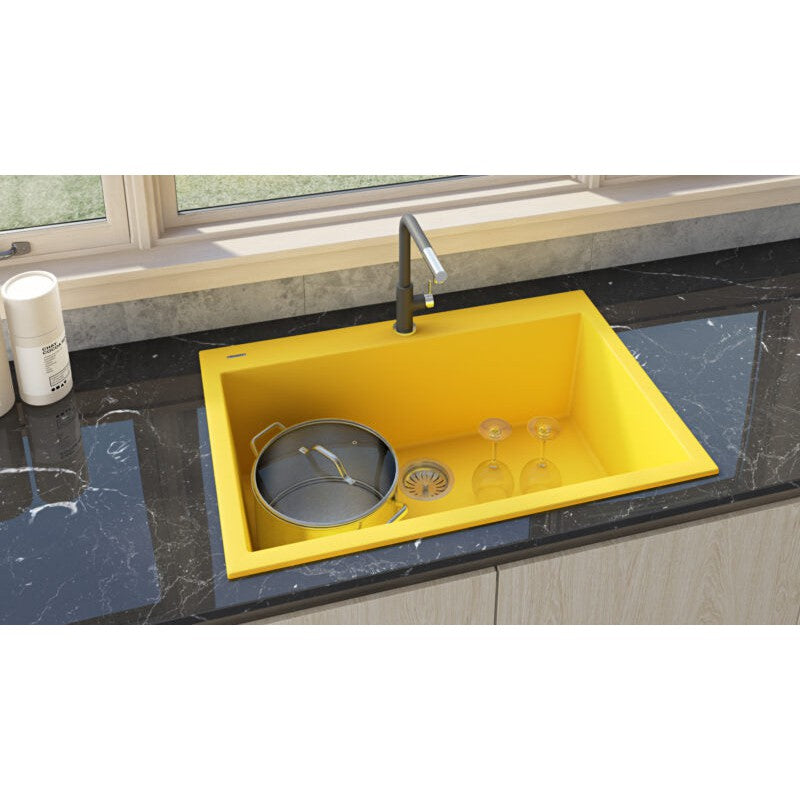 Ruvati epiGranite 33" x 22” Midas Yellow Drop-in Granite Composite Single Bowl Kitchen Sink With Basket Strainer, Bottom Rinse Grid and Drain Assembly