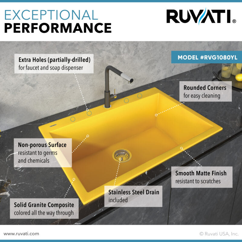 Ruvati epiGranite 33" x 22” Midas Yellow Drop-in Granite Composite Single Bowl Kitchen Sink With Basket Strainer, Bottom Rinse Grid and Drain Assembly