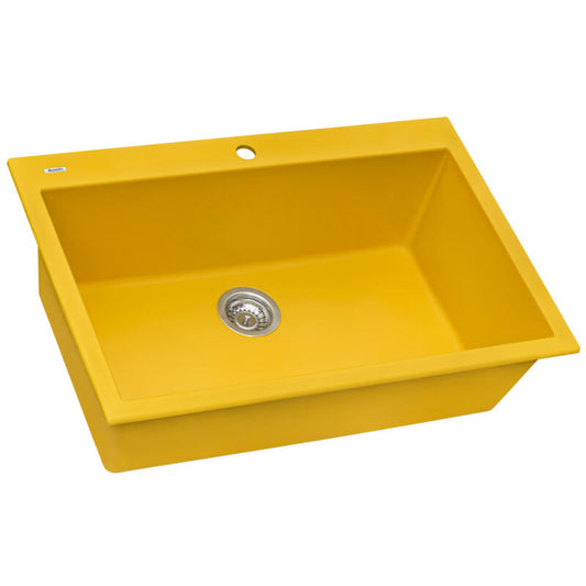 Ruvati epiGranite 33" x 22” Midas Yellow Drop-in Granite Composite Single Bowl Kitchen Sink With Basket Strainer, Bottom Rinse Grid and Drain Assembly