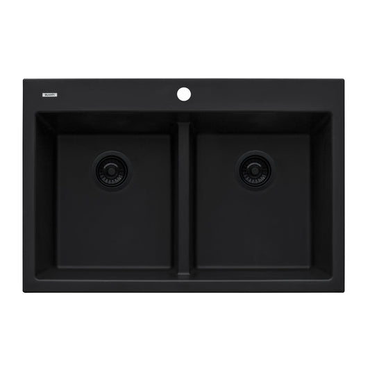 Ruvati epiGranite 33" x 22" Midnight Black Drop-In Topmount Granite 50/50 Double Bowl Low Divide Kitchen Sink With Basket Strainer, Bottom Rinse Grid and Drain Assembly