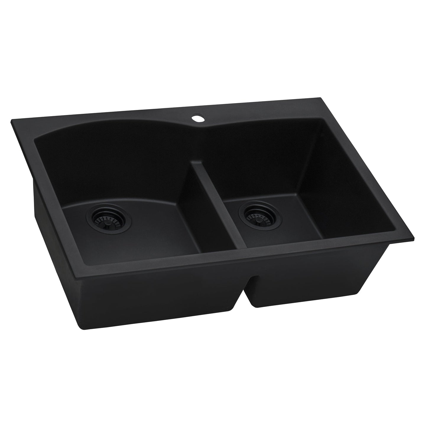 Ruvati epiGranite 33" x 22" Midnight Black Drop-In Topmount Granite 60/40 Double Bowl Kitchen Sink With Basket Strainer and Drain Assembly