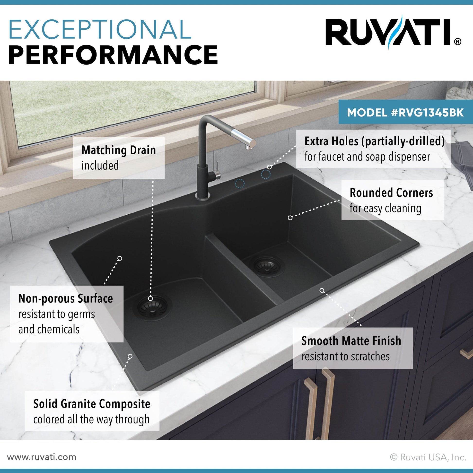 Ruvati epiGranite 33" x 22" Midnight Black Drop-In Topmount Granite 60/40 Double Bowl Kitchen Sink With Basket Strainer and Drain Assembly