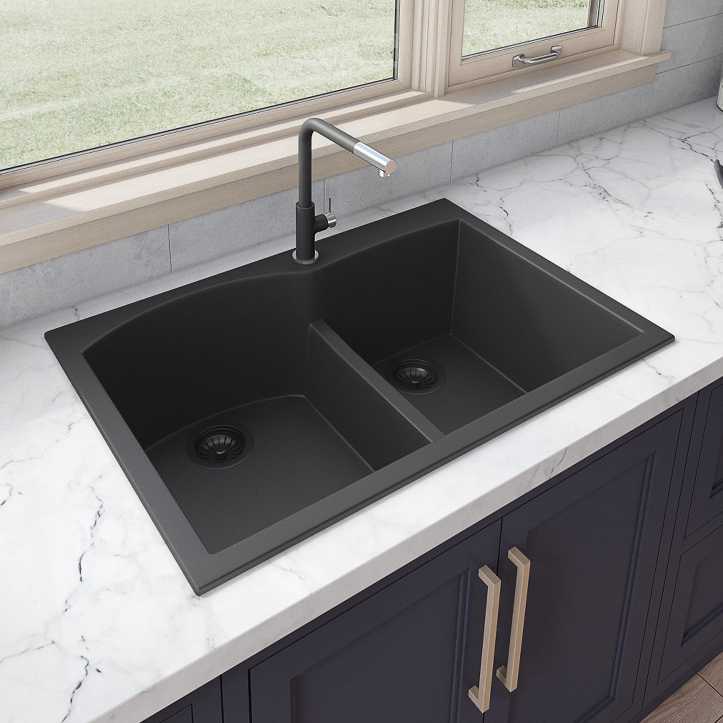 Ruvati epiGranite 33" x 22" Midnight Black Drop-In Topmount Granite 60/40 Double Bowl Kitchen Sink With Basket Strainer and Drain Assembly