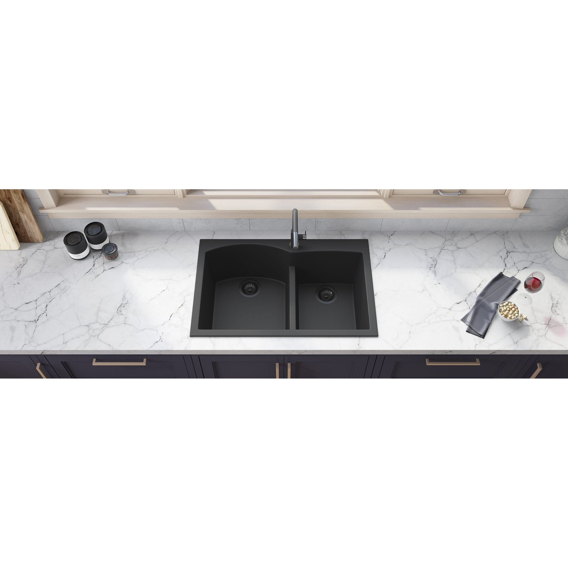 Ruvati epiGranite 33" x 22" Midnight Black Drop-In Topmount Granite 60/40 Double Bowl Kitchen Sink With Basket Strainer and Drain Assembly