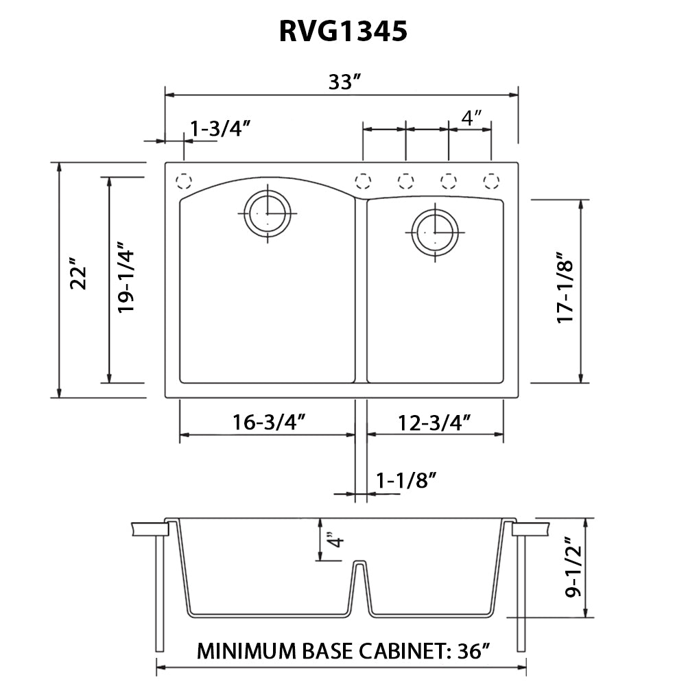 Ruvati epiGranite 33" x 22" Midnight Black Drop-In Topmount Granite 60/40 Double Bowl Kitchen Sink With Basket Strainer and Drain Assembly