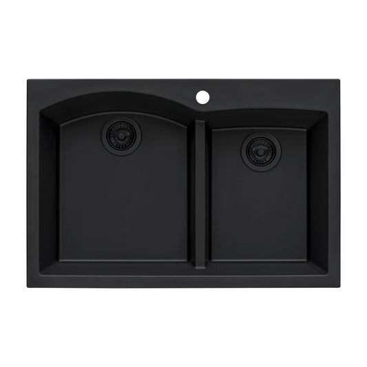 Ruvati epiGranite 33" x 22" Midnight Black Drop-In Topmount Granite 60/40 Double Bowl Kitchen Sink With Basket Strainer and Drain Assembly