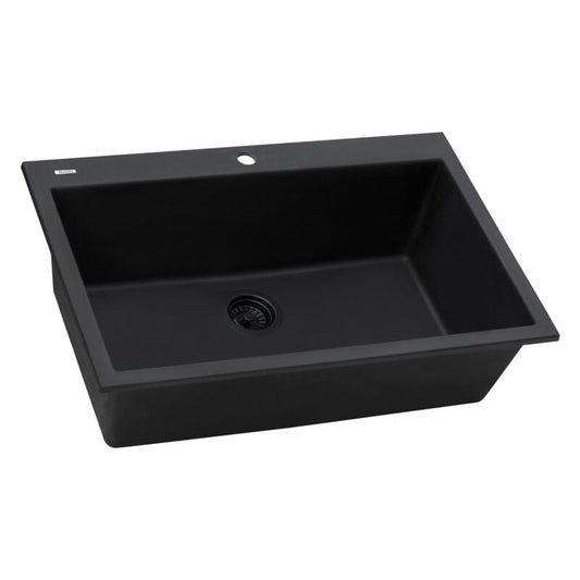 Ruvati epiGranite 33" x 22” Midnight Black Drop-in Granite Composite Single Bowl Kitchen Sink With Basket Strainer, Bottom Rinse Grid and Drain Assembly