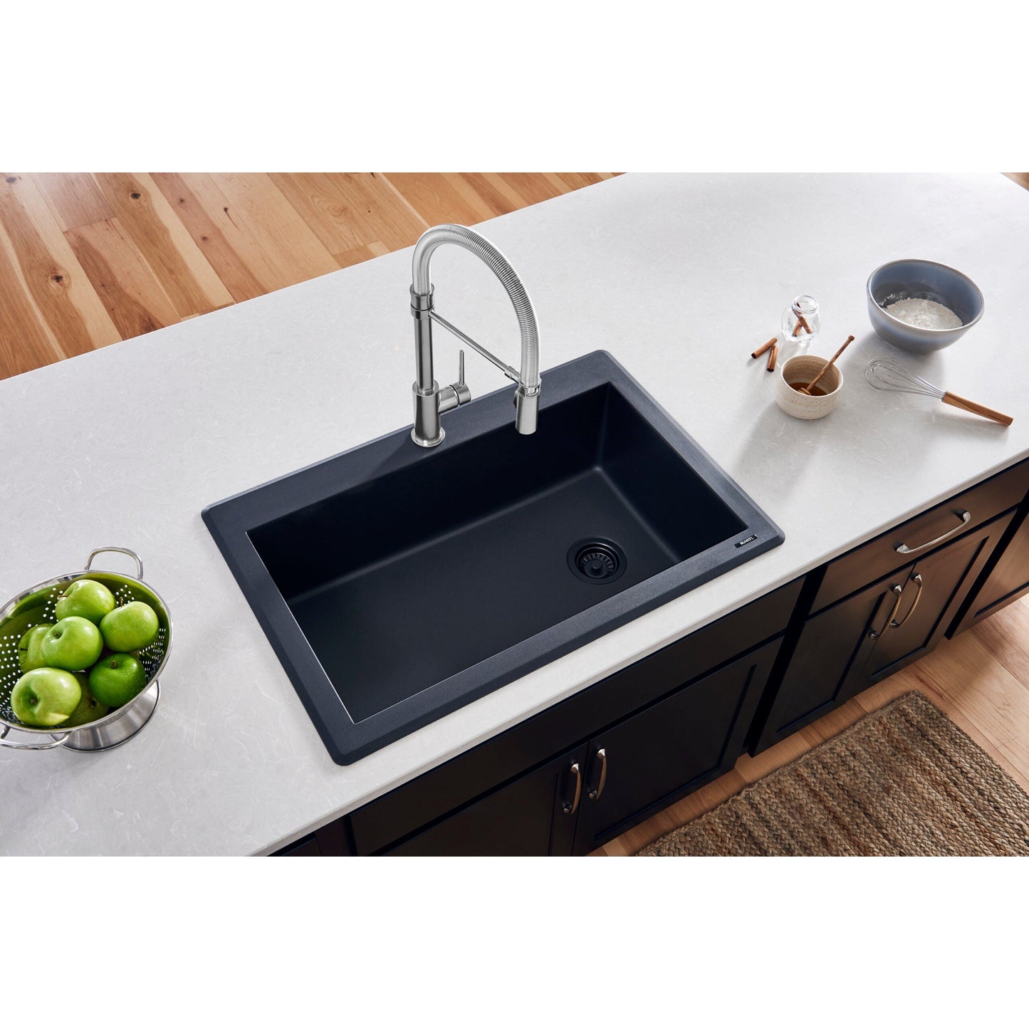 Ruvati epiGranite 33” x 22” Midnight Black Drop-in Granite Composite Single Bowl Kitchen Sink With basket Strainer and Drain Assembly