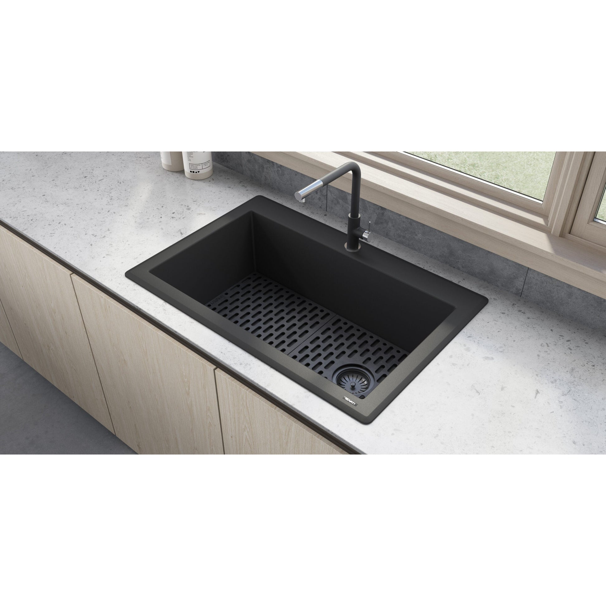 Ruvati epiGranite 33” x 22” Midnight Black Drop-in Granite Composite Single Bowl Kitchen Sink With basket Strainer and Drain Assembly