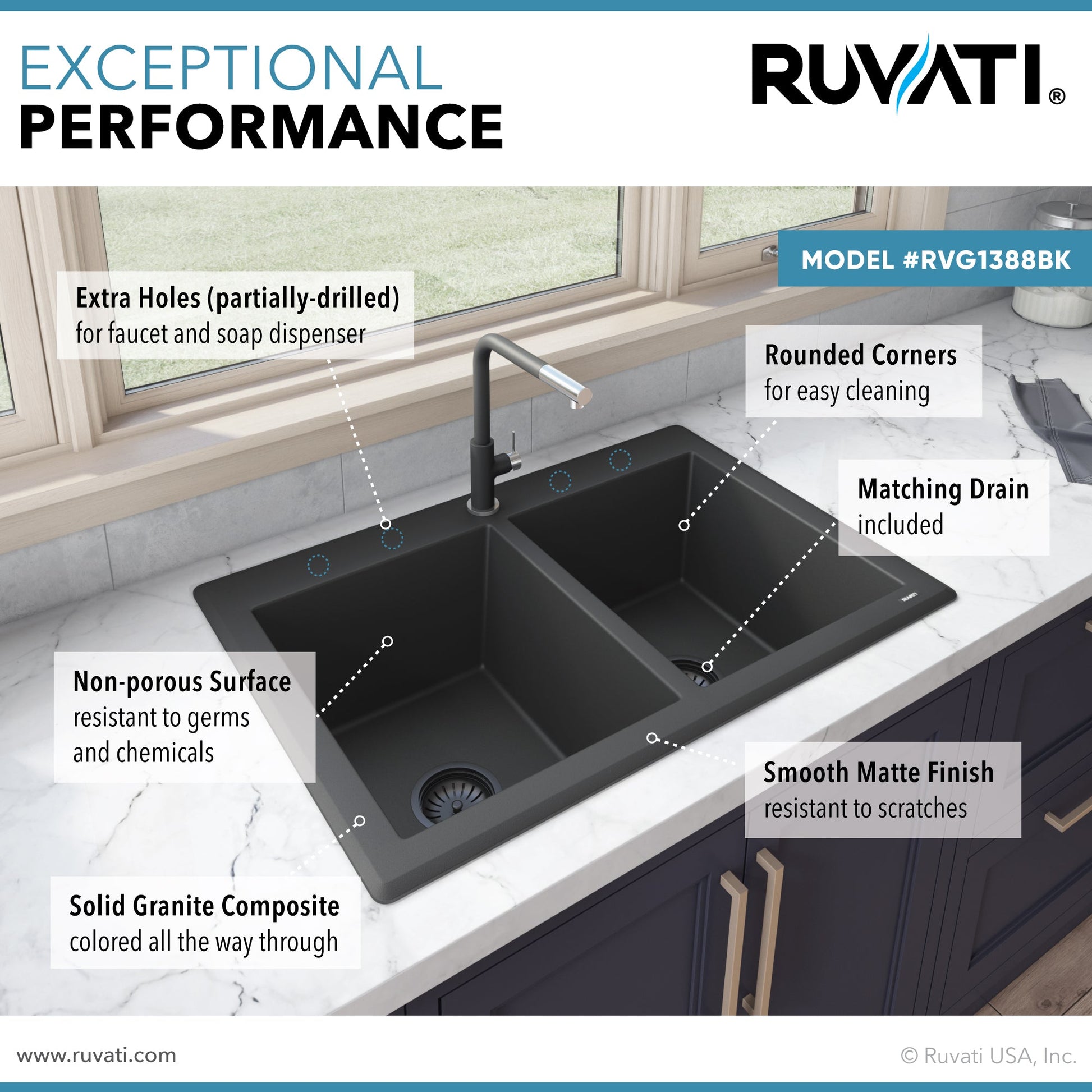 Ruvati epiGranite 33" x 22" Midnight Black Dual-Mount Granite 50/50 Double Bowl Kitchen Sink With Basket Strainer and Drain Assembly