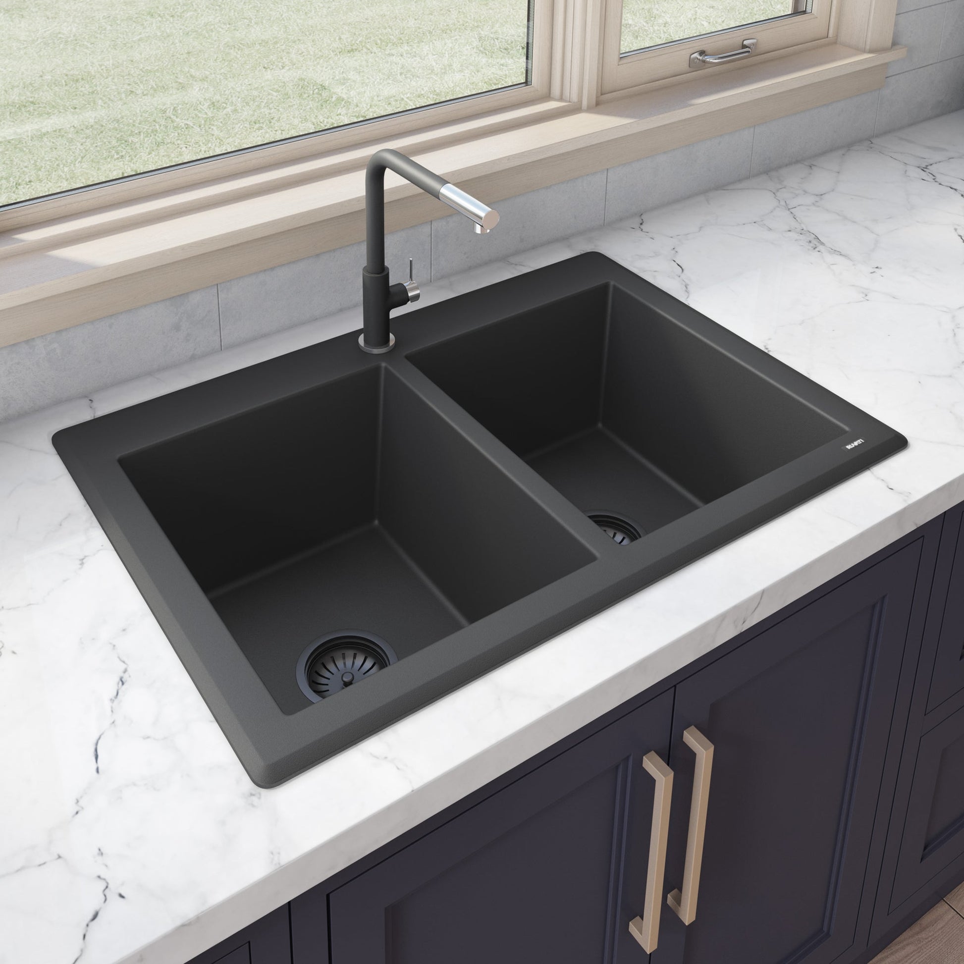 Ruvati epiGranite 33" x 22" Midnight Black Dual-Mount Granite 50/50 Double Bowl Kitchen Sink With Basket Strainer and Drain Assembly