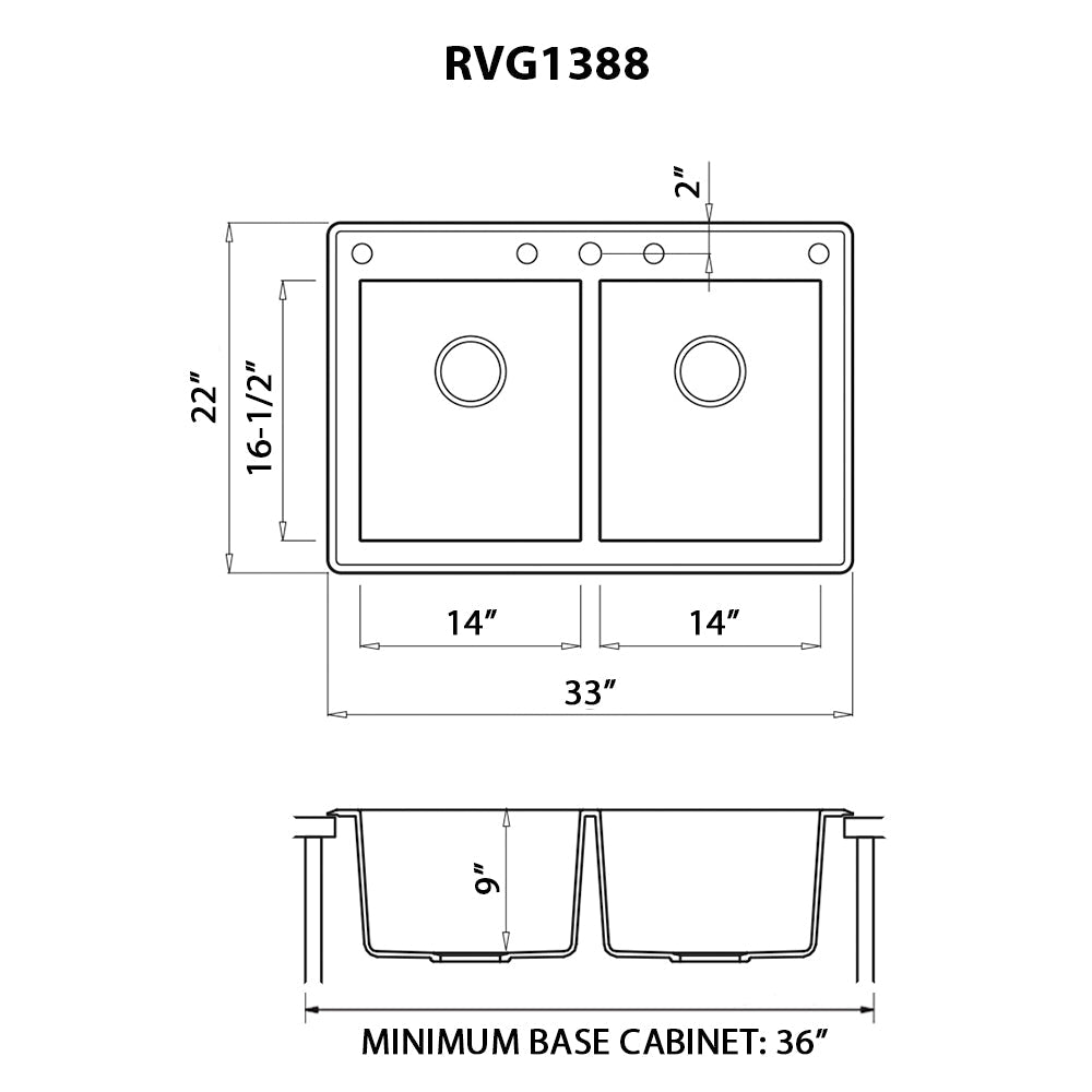 Ruvati epiGranite 33" x 22" Midnight Black Dual-Mount Granite 50/50 Double Bowl Kitchen Sink With Basket Strainer and Drain Assembly