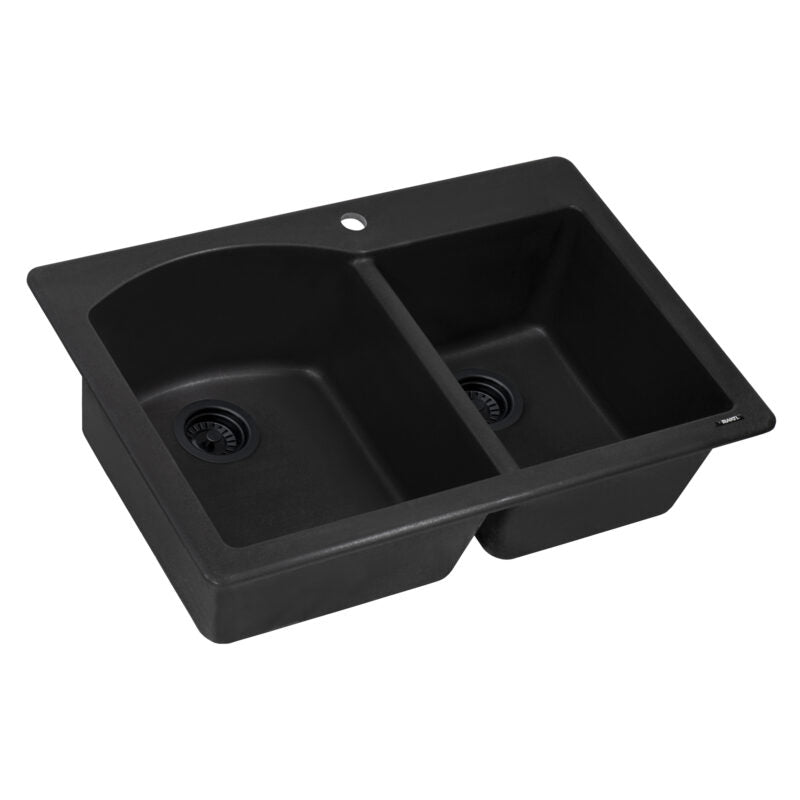 Ruvati epiGranite 33" x 22" Midnight Black Dual-Mount Granite 60/40 Double Bowl Kitchen Sink With Basket Strainer and Drain Assembly