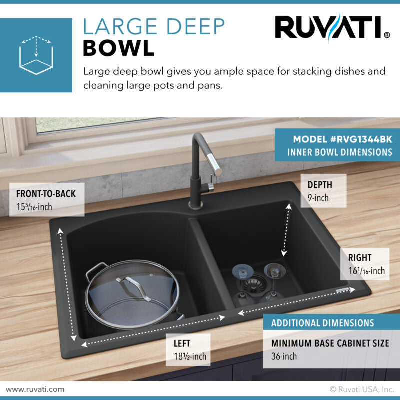 Ruvati epiGranite 33" x 22" Midnight Black Dual-Mount Granite 60/40 Double Bowl Kitchen Sink With Basket Strainer and Drain Assembly