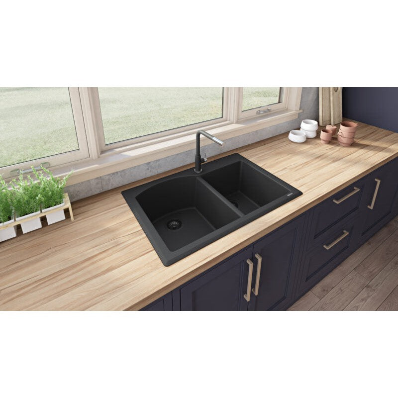 Ruvati epiGranite 33" x 22" Midnight Black Dual-Mount Granite 60/40 Double Bowl Kitchen Sink With Basket Strainer and Drain Assembly