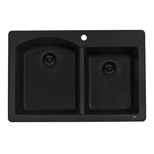 Ruvati epiGranite 33" x 22" Midnight Black Dual-Mount Granite 60/40 Double Bowl Kitchen Sink With Basket Strainer and Drain Assembly