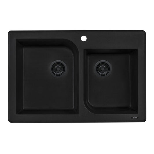 Ruvati epiGranite 33" x 22" Midnight Black Dual-Mount Granite 70/30 Double Bowl Kitchen Sink With Basket Strainer and Drain Assembly