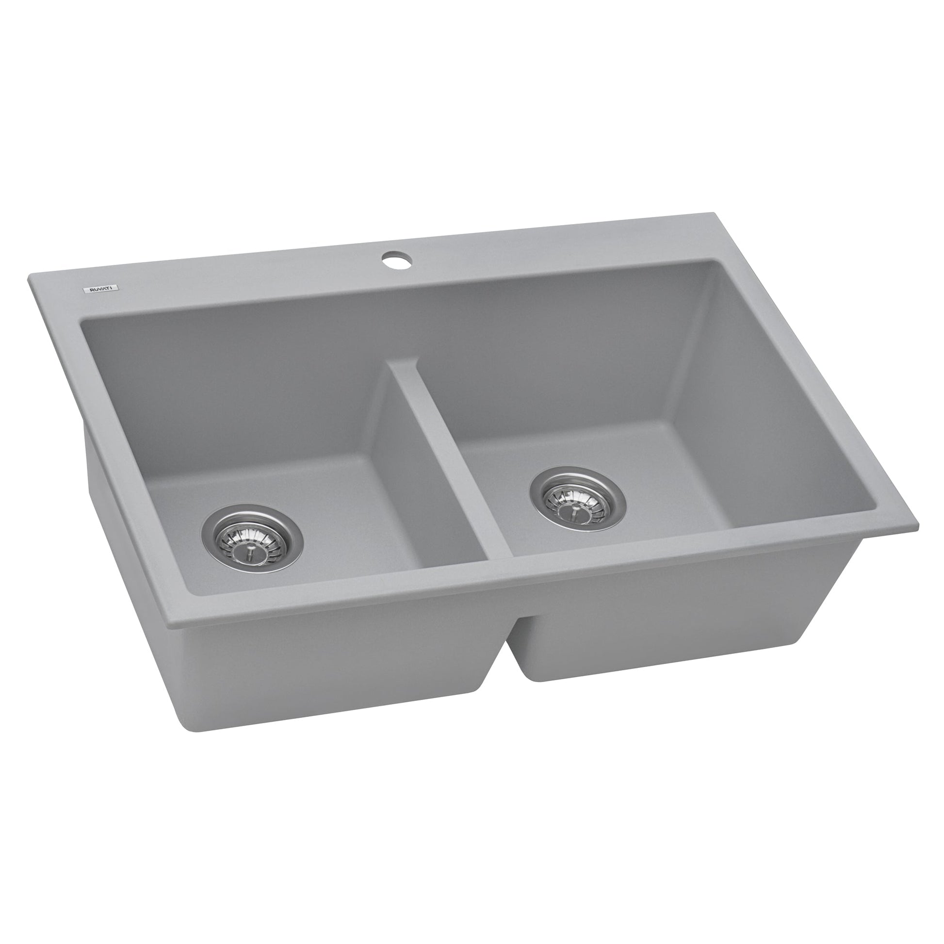 Ruvati epiGranite 33" x 22" Silver Gray Drop-In Topmount Granite 50/50 Double Bowl Low Divide Kitchen Sink With Basket Strainer, Bottom Rinse Grid and Drain Assembly