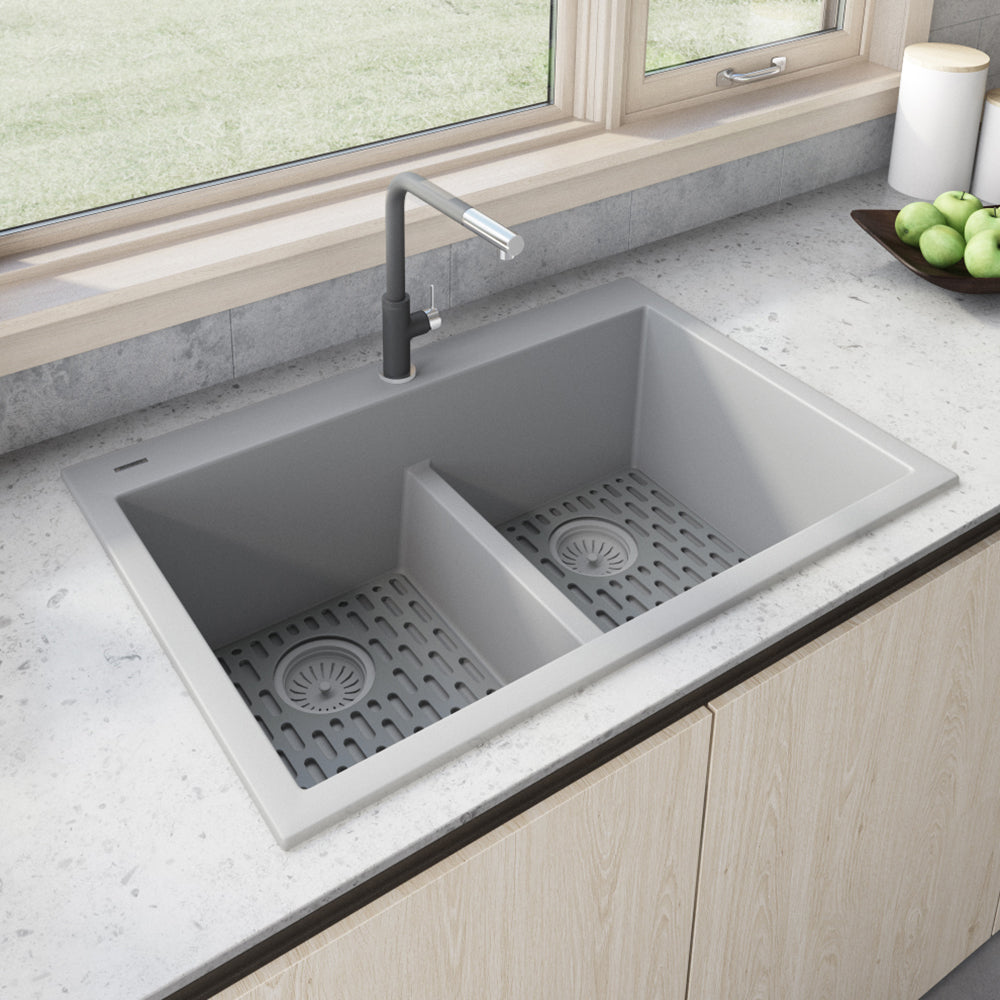 Ruvati epiGranite 33" x 22" Silver Gray Drop-In Topmount Granite 50/50 Double Bowl Low Divide Kitchen Sink With Basket Strainer, Bottom Rinse Grid and Drain Assembly