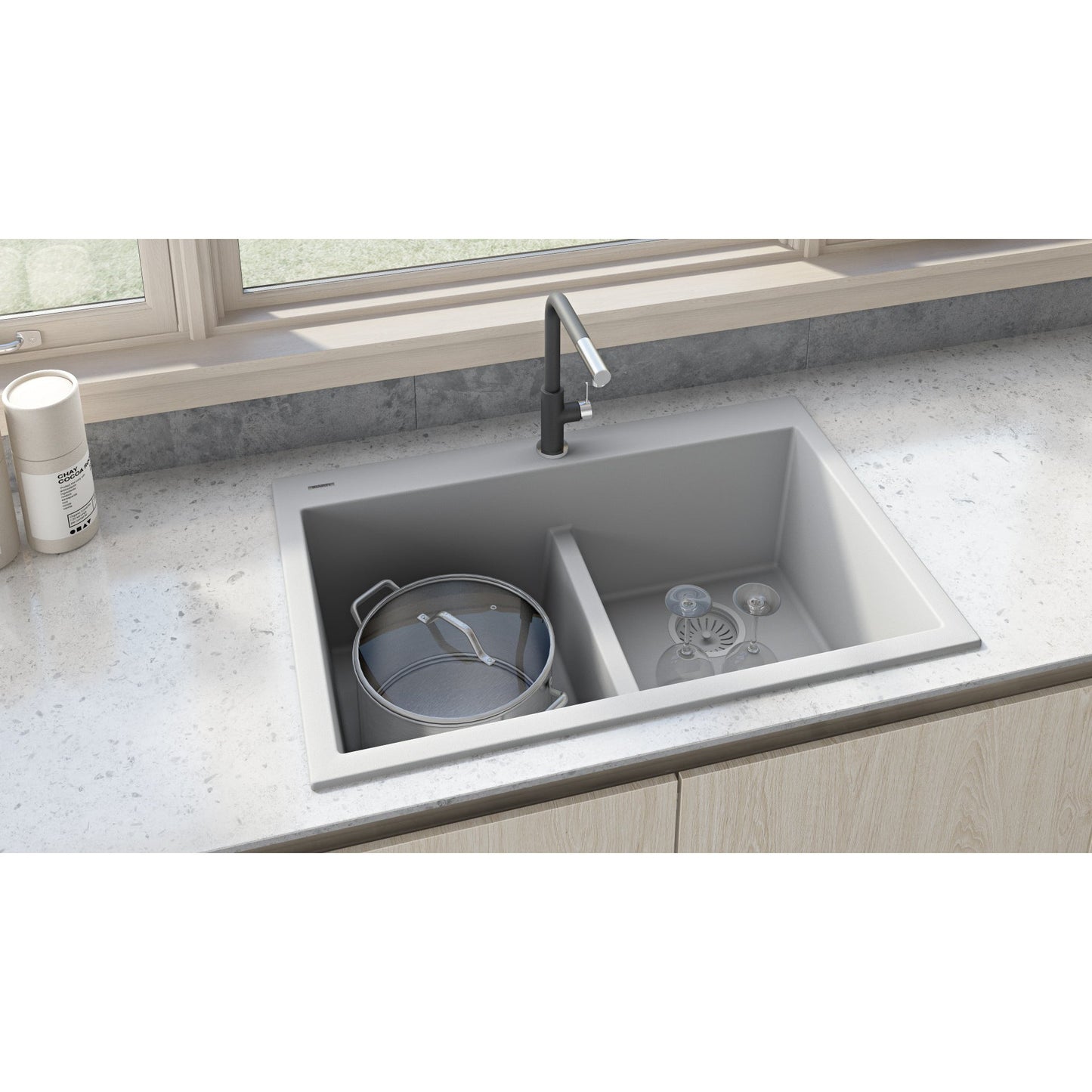 Ruvati epiGranite 33" x 22" Silver Gray Drop-In Topmount Granite 50/50 Double Bowl Low Divide Kitchen Sink With Basket Strainer, Bottom Rinse Grid and Drain Assembly