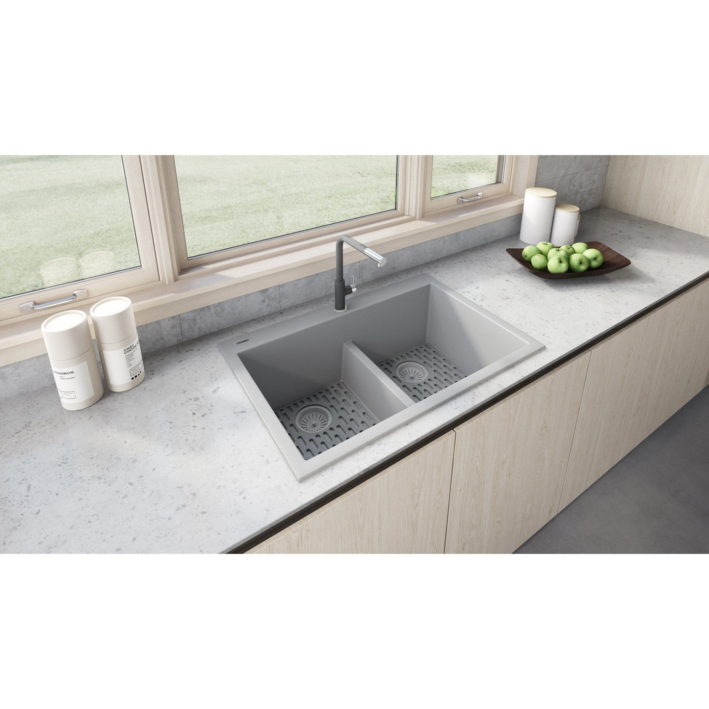 Ruvati epiGranite 33" x 22" Silver Gray Drop-In Topmount Granite 50/50 Double Bowl Low Divide Kitchen Sink With Basket Strainer, Bottom Rinse Grid and Drain Assembly