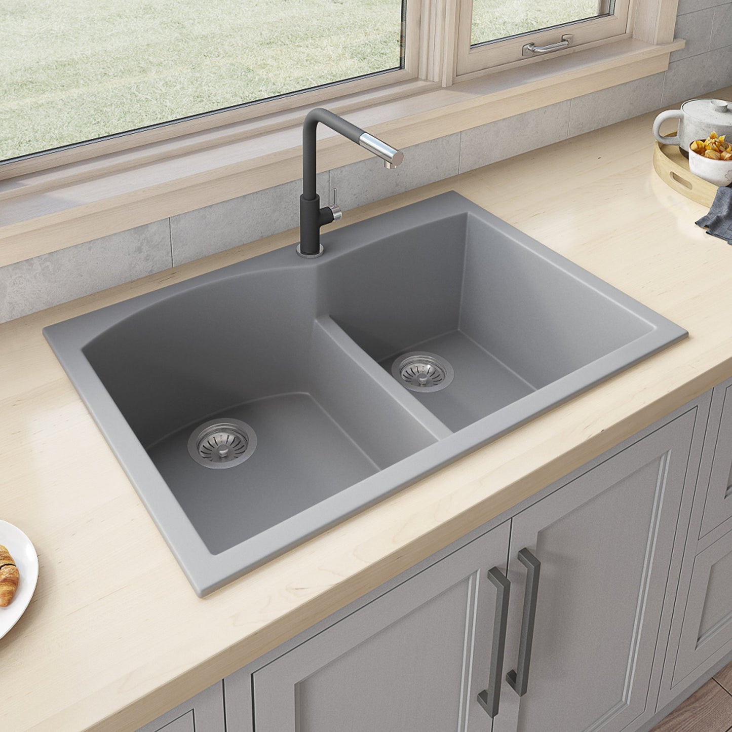 Ruvati epiGranite 33" x 22" Silver Gray Drop-In Topmount Granite 60/40 Double Bowl Kitchen Sink With Basket Strainer and Drain Assembly