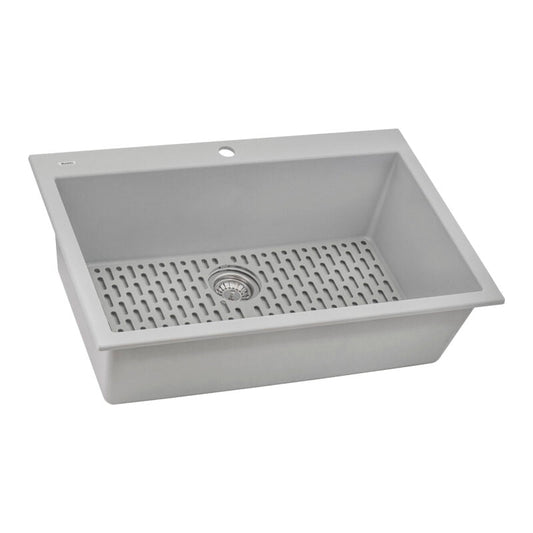 Ruvati epiGranite 33" x 22” Silver Gray Drop-in Granite Composite Single Bowl Kitchen Sink With Basket Strainer, Bottom Rinse Grid and Drain Assembly