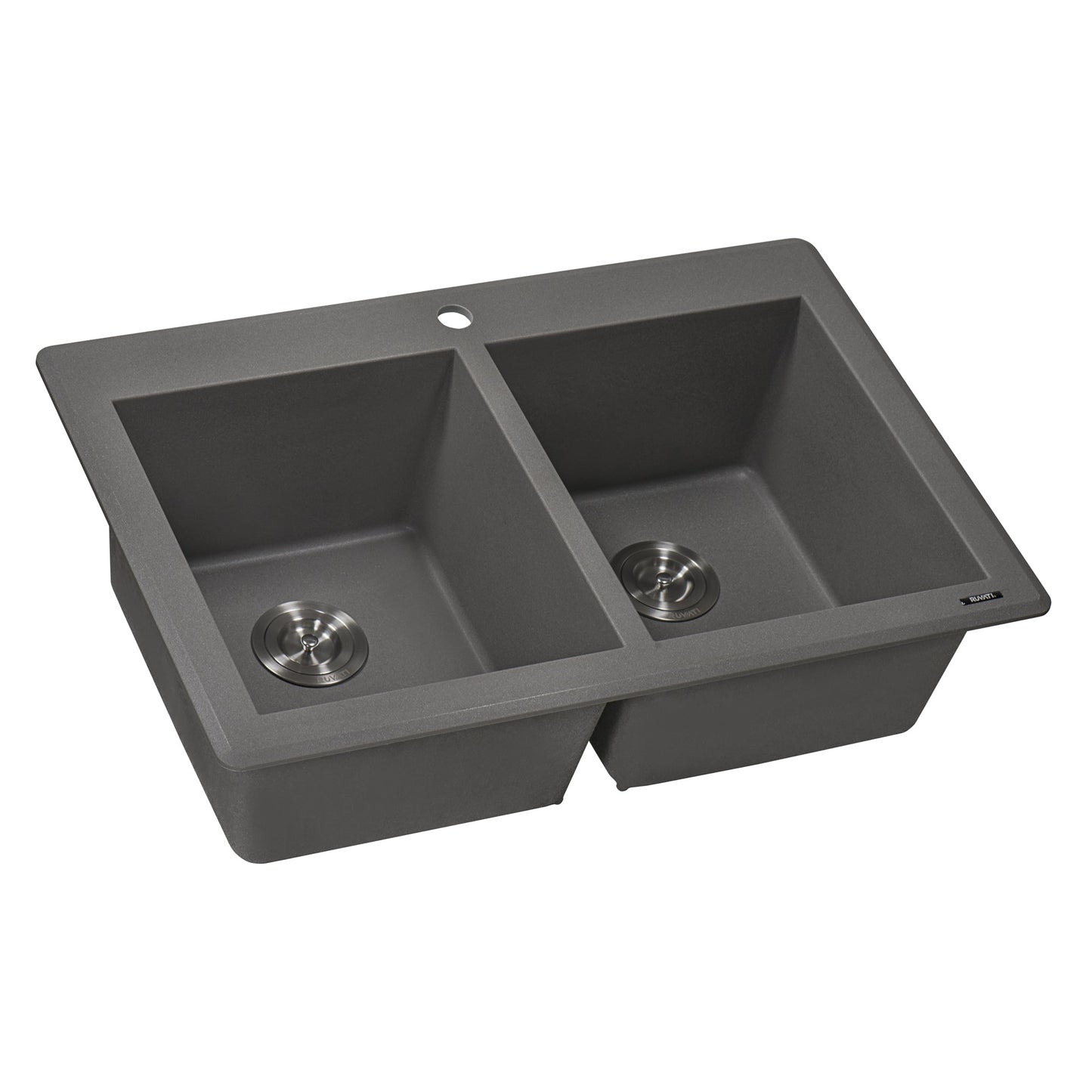 Ruvati epiGranite 33" x 22" Urban Gray Dual-Mount Granite 50/50 Double Bowl Kitchen Sink With Basket Strainer and Drain Assembly